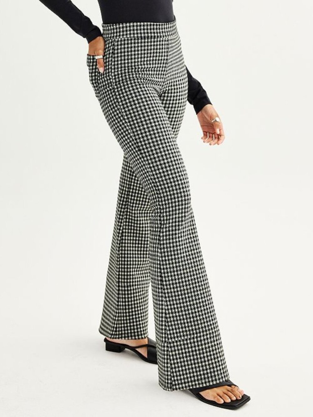 Junior's SO High Rise Ponte Flare Leg Pants - Black & White Plaid - Large Long